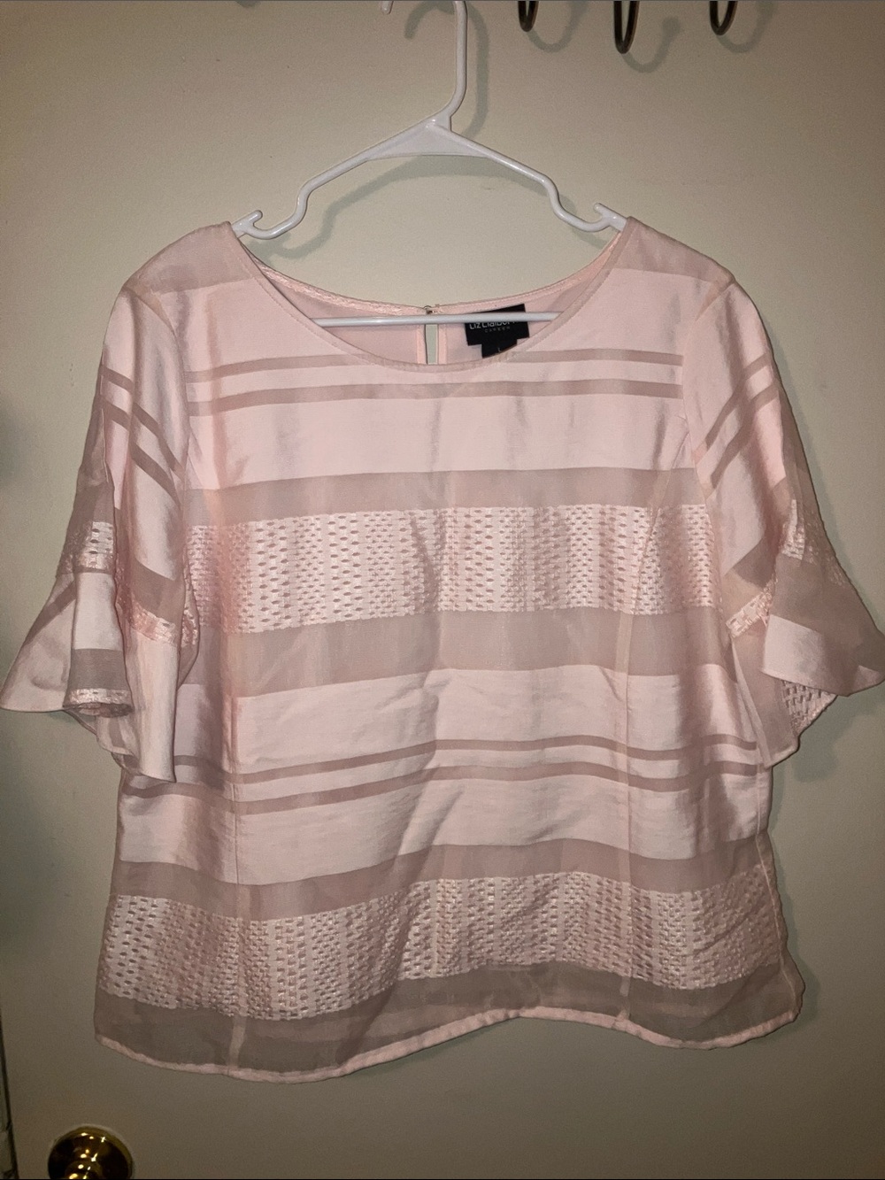 Liz Claiborne Career Pale Pink Striped Flutter Sleeve Blouse Large